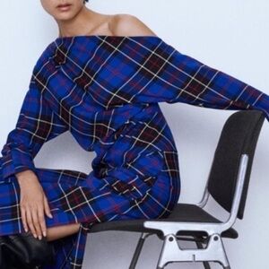 ZARA BLOGGER’S FAVORITE tartan plaid asymmetrical shoulder long sleeve top